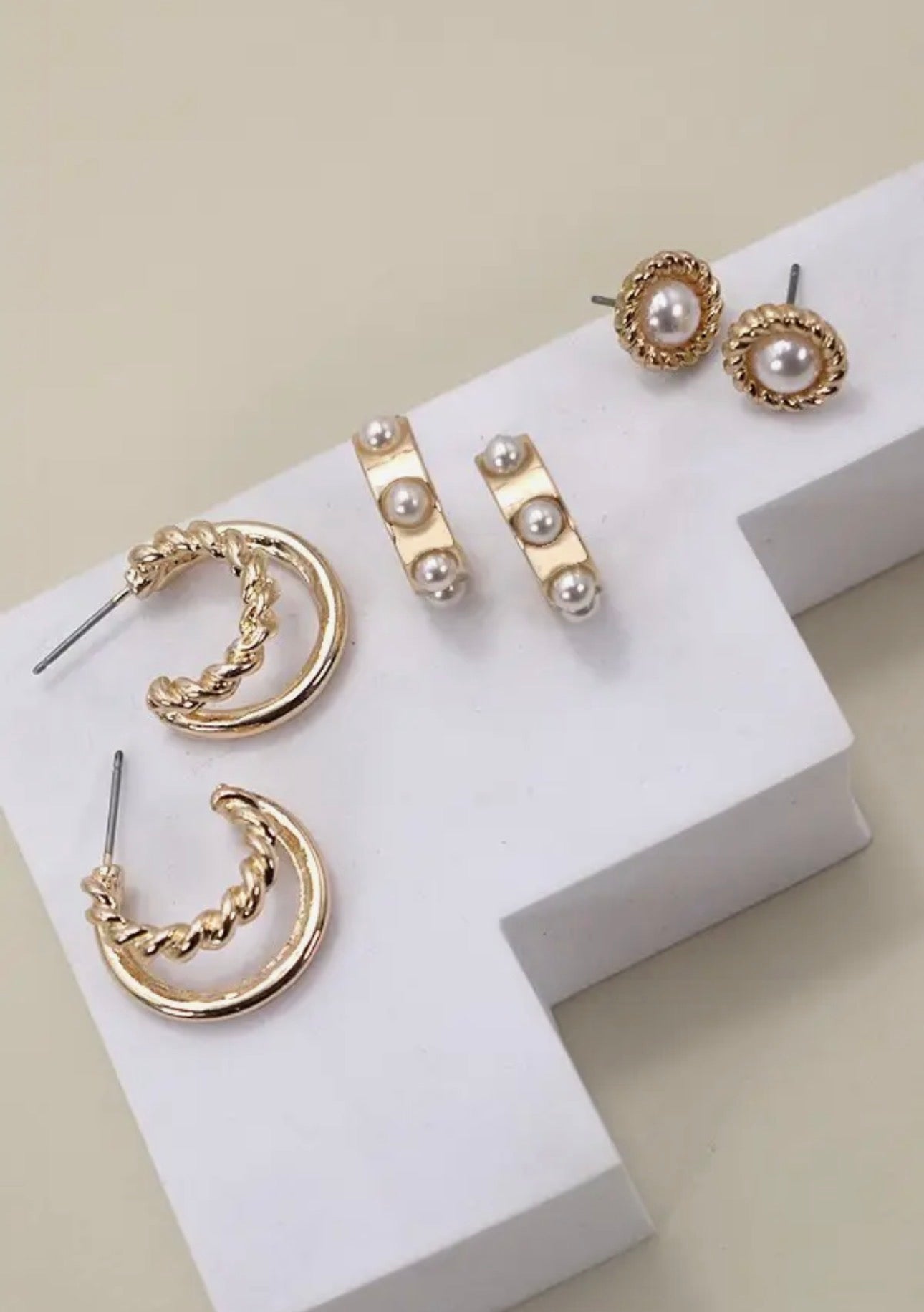 Gold Pearl Hoop Trio