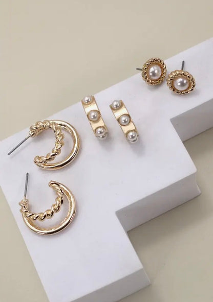 Gold Pearl Hoop Trio