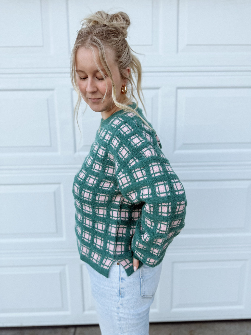 Soft Yarn Checker Knit Sweater