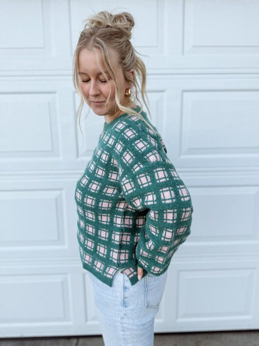 Soft Yarn Checker Knit Sweater