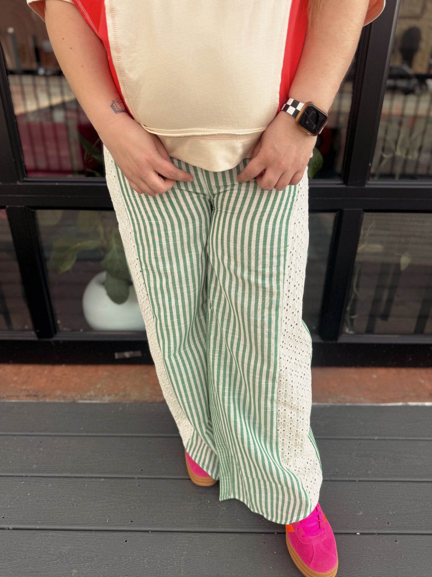 Lace Contrast Stripe Pants