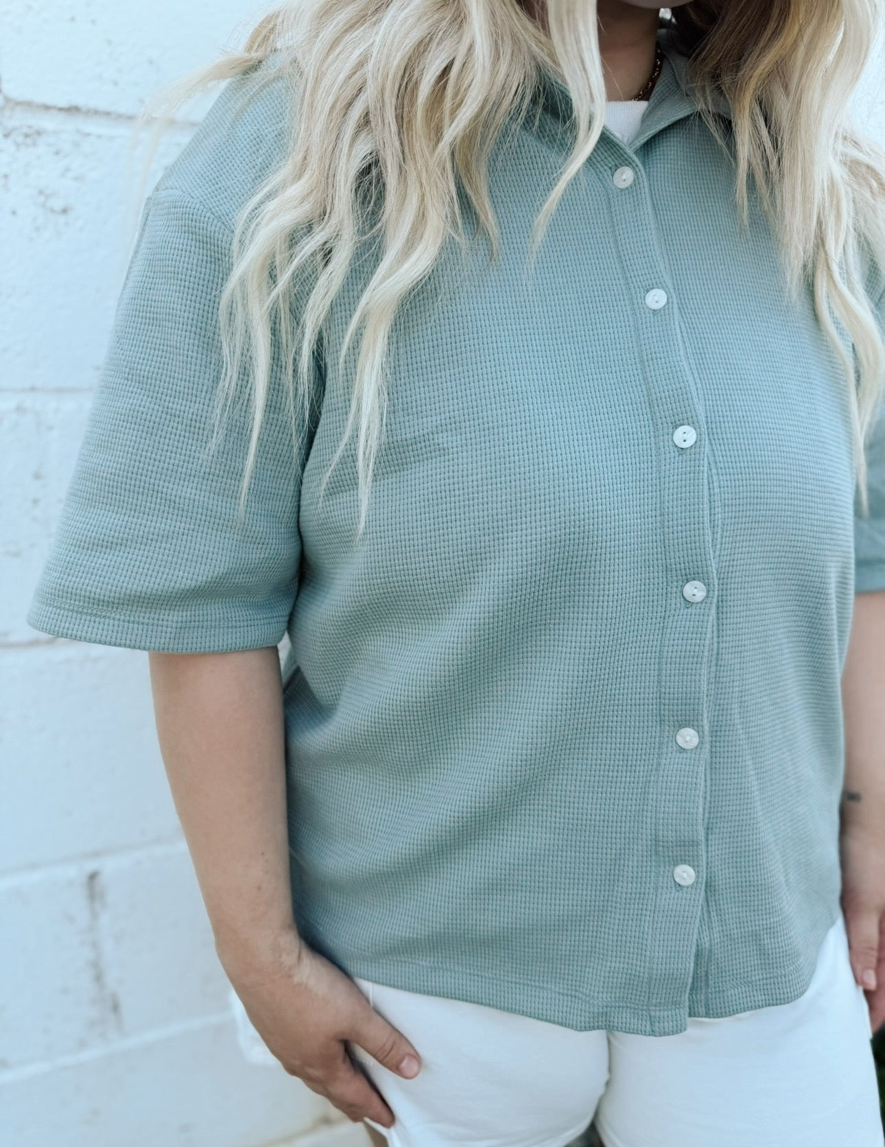 Waffle Button Top (sage)