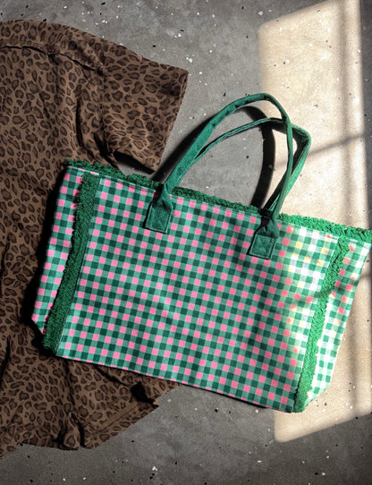 Checkered Frayed Tote
